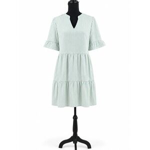 Caracilia Women's Medium Green White Striped Ruffle Mini Dress Cottagecore